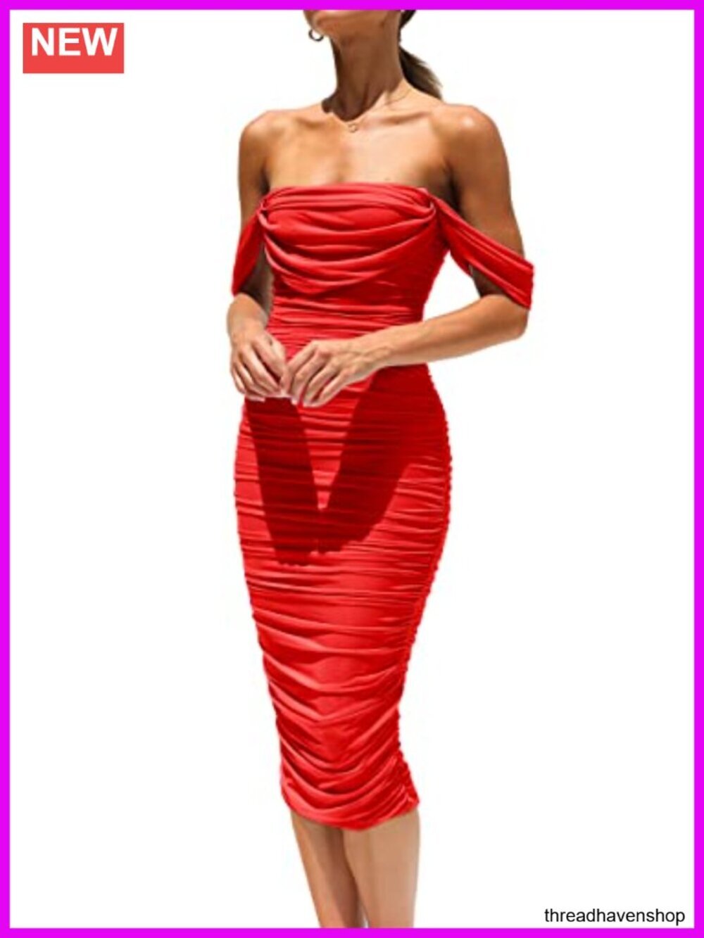 Off Shoulder Bodycon Midi Dress Ruched Mesh Draped Sleeves Club Night Out